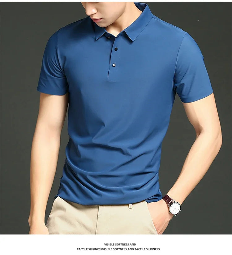 Summer T-shirt Short Sleeve Stretch Ice Silk Polo Shirt Men Business Casual Lapels Slim-Fitting Seamless Mercerized Thin Top Men