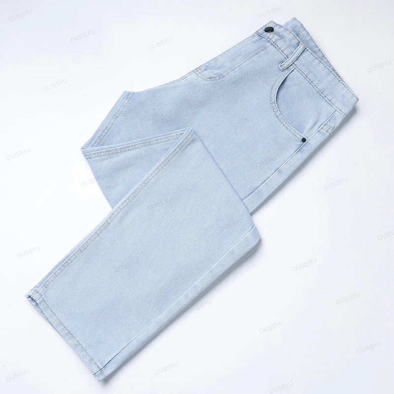 New Men's Jeans Autumn Pants Straight Fashion Light Blue Jean Casual Work Classic Denim Pant Cotton Trousers Male