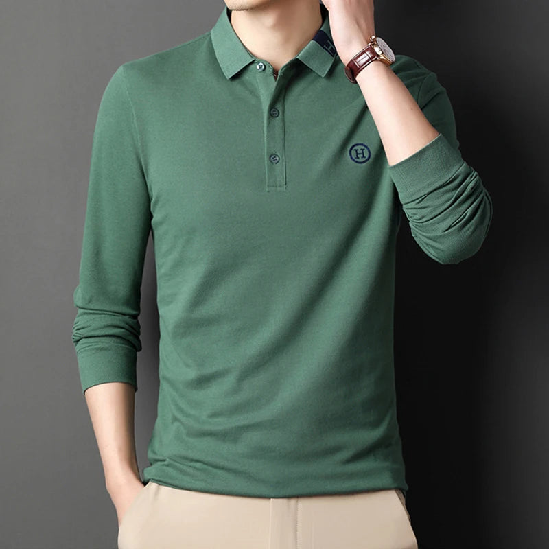 New Men's Casual Embroidery Long Sleeve Polo Shirt Fashion Solid Color Top