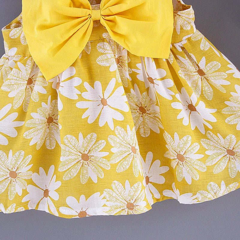 2pcs Baby Girls Sleeveless Daisy Print Back Big Bow Decor Beach Dress & Hat Set Kids Summer Clothes