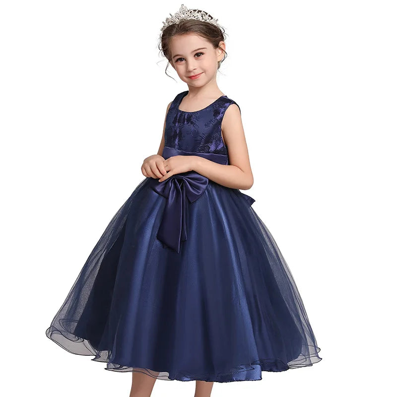 Girl Dress Flower Embroidered Bow Princess Dress Children Lace Mesh Tutu Wedding Christmas Birthday Party Dress Girl Dress