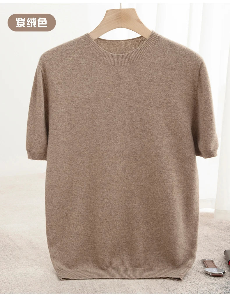 Spring Summer Men's Short Sleeved Pure Wool T-Shirt Sweater O-neck Solid Color Loose Pullover Knitted Sweater Casual Top