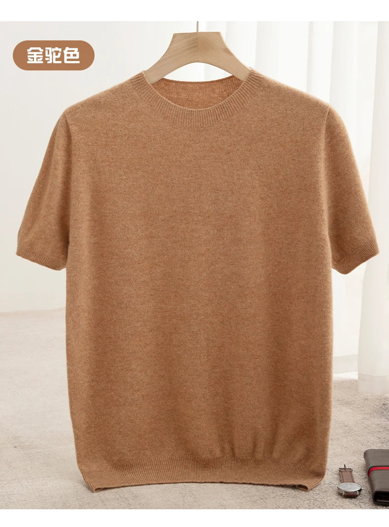 Spring Summer Men's Short Sleeved Pure Wool T-Shirt Sweater O-neck Solid Color Loose Pullover Knitted Sweater Casual Top