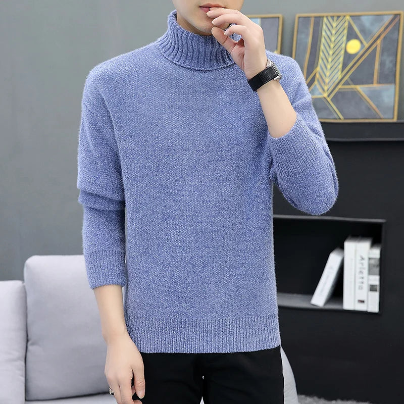 2024 Men Brand High Neck Knitted Pullover New Arrivals Male Fashion Streetwear Casual Slim Solid Color Turtleneck Sweater Male