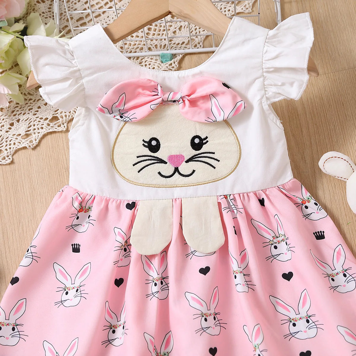 Summer Girls Cartoon Butterfly Sleeve Sleeveless Cute Rabbit Pattern Dress Little Girl Easter Skirt Suitable For Holiday Parties