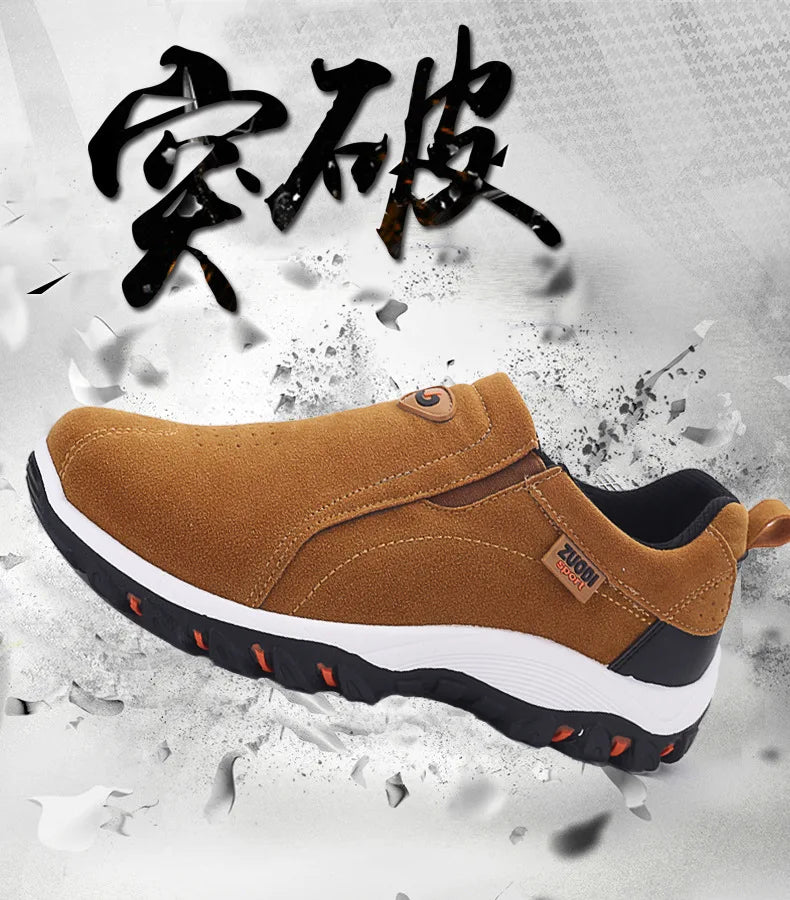 New Men Slip on Hiking Shoes PU Leather Climbing Footwear Male Outdoor Light Soft Rubber Sole Jogging Trekking Walking Sneakers