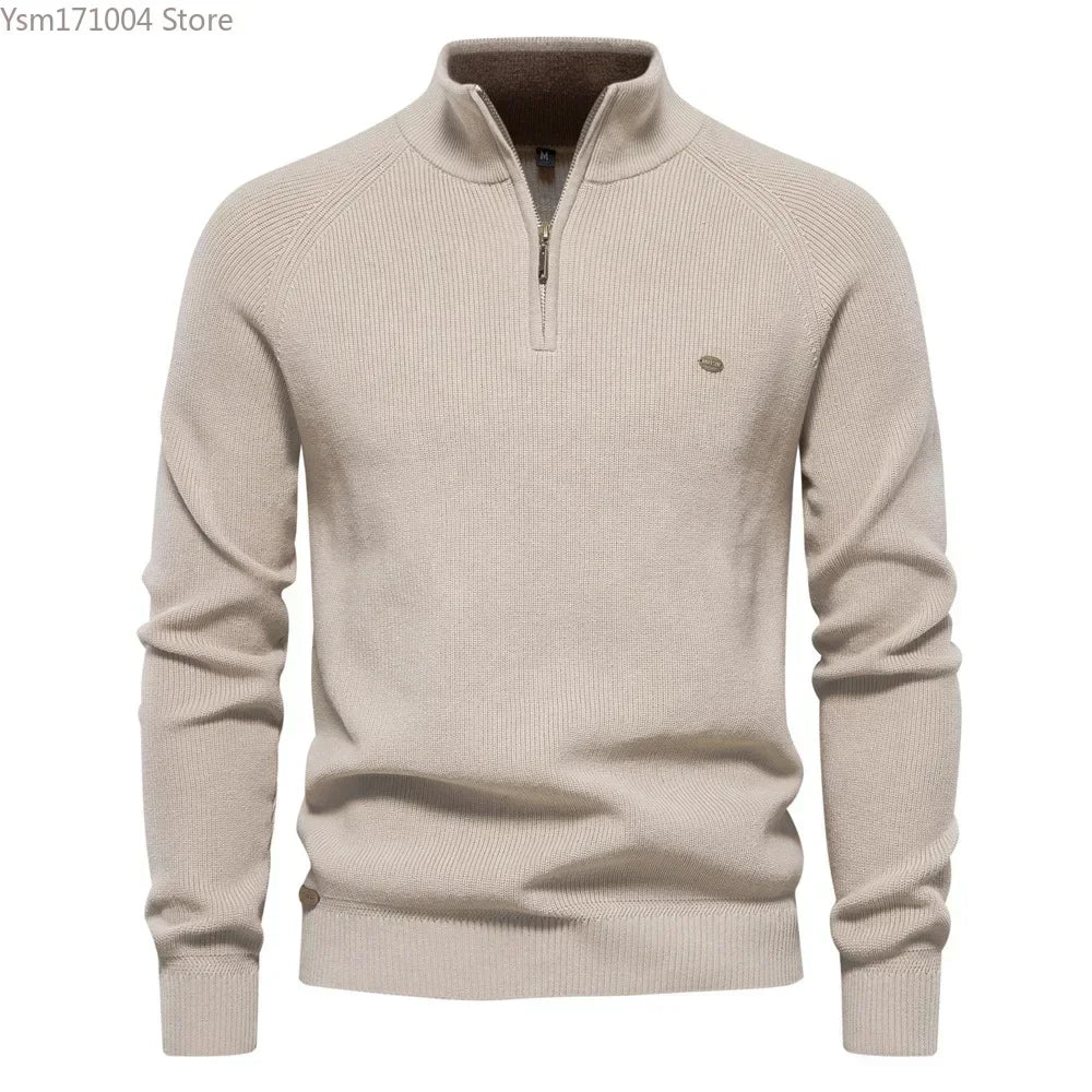 New Men's Sweater Half High Neck Zipper Solid Elastic Slim Fit Long Sleeve Pullover Casual Business Men Knitted Pullover Sweater