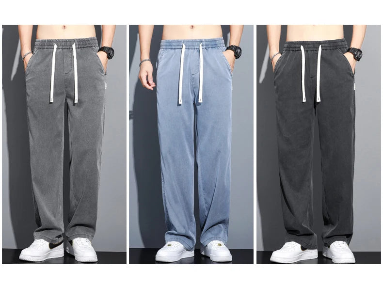 S-5XL 6Style,Men's Loose Jeans Summer Soft Lyocell Thin Fabric Straight Pants Drawstring Elastic Waist Korea Casual Trousers,Y2K