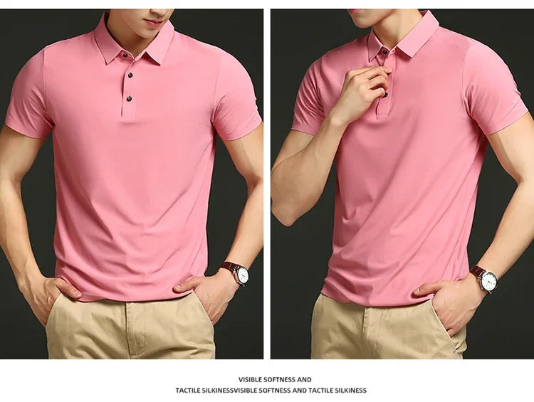 Summer T-shirt Short Sleeve Stretch Ice Silk Polo Shirt Men Business Casual Lapels Slim-Fitting Seamless Mercerized Thin Top Men