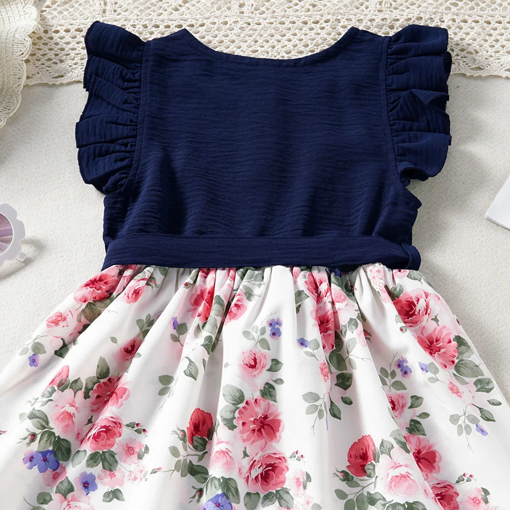 Girls Kids Dress Spring Summer New Girls Lace Sleeve Splicing Floral Dress Casual Fashion Clothes Vestidos 3 to 8 Years