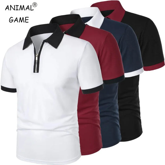 Summer Men's Solid Color Polo Shirt Short Sleeve Zipper Tshirts for Men Lapel Breathable Sweatwear Large Size Lightweight Tops