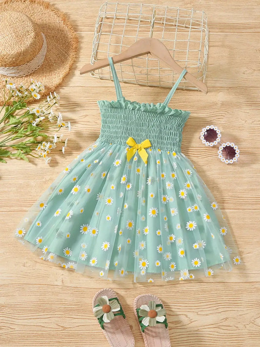 Summer Girls Dress Suspender Bow Princess Dress Gauze Skirt Flowers 4-7y