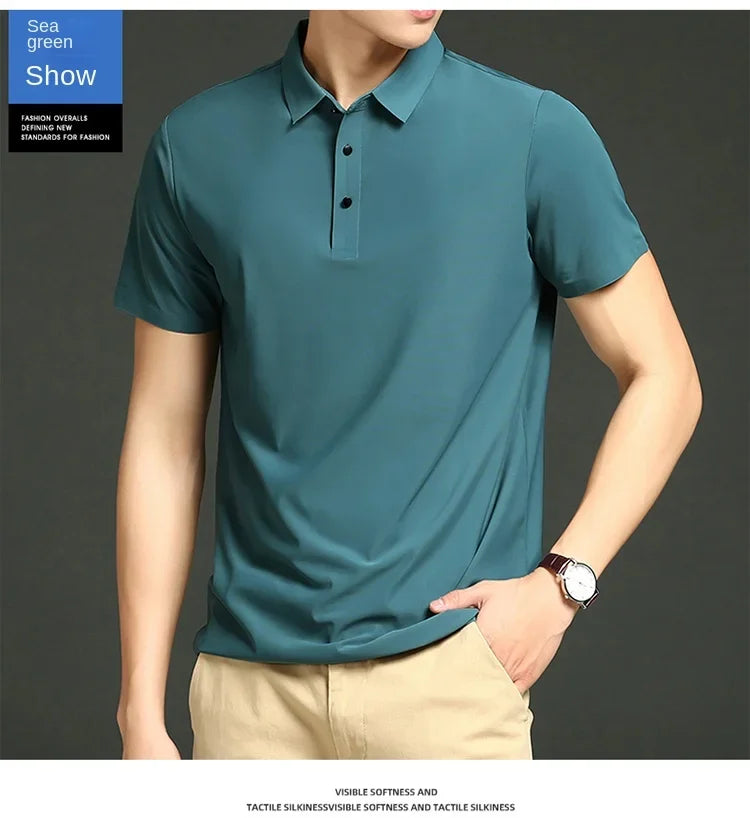 Summer T-shirt Short Sleeve Stretch Ice Silk Polo Shirt Men Business Casual Lapels Slim-Fitting Seamless Mercerized Thin Top Men