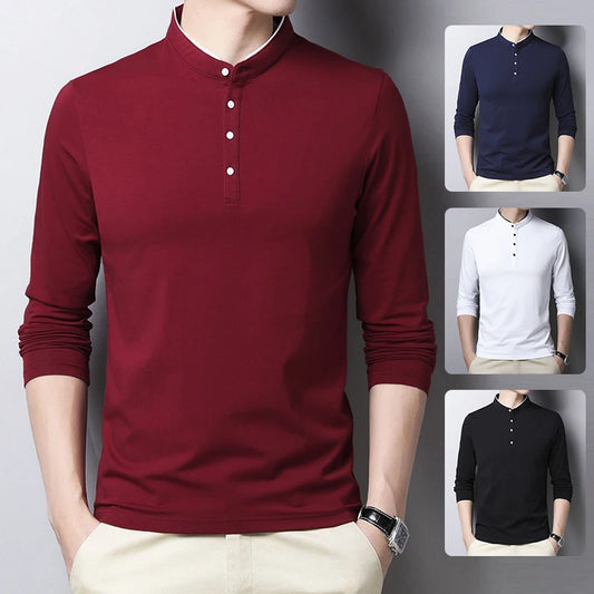 Men's Business Casual Polo Long Sleeve T-shirt Summer Comfortable and Breathable Solid Cotton Top