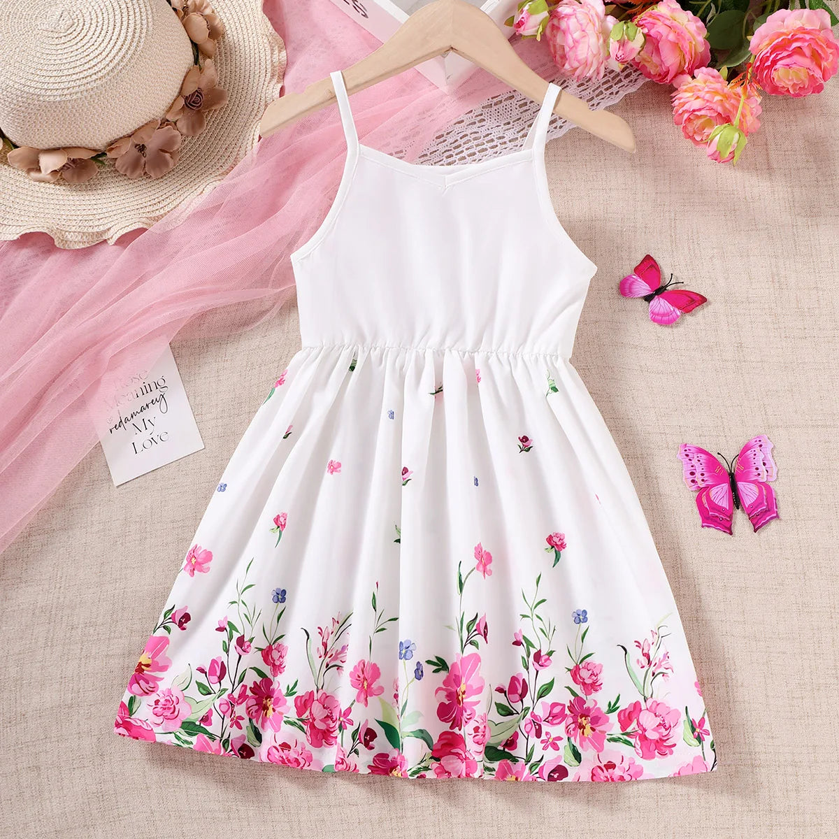 Kids Girl Summer New Sling Dress Flower Print Suspenders Dresses Daily Comfortable Casual Clothing for Children Girl 4-7 Years