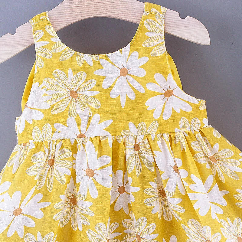 2pcs Baby Girls Sleeveless Daisy Print Back Big Bow Decor Beach Dress & Hat Set Kids Summer Clothes