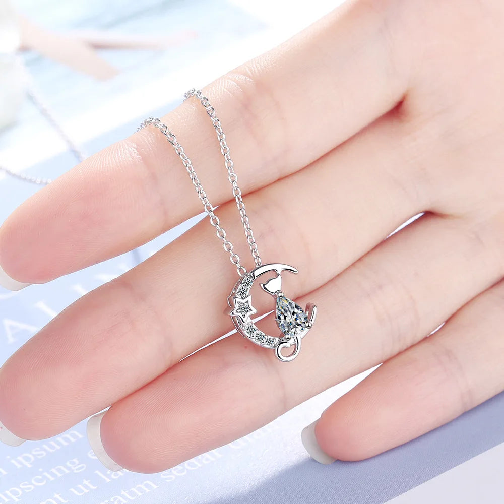 New in 925 Sterling Silver Cat Moon Zircon Women Necklace Wedding Luxury Designer Jewelry  Offers GaaBou Jewellery