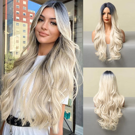 Long Ombre Blonde Synthetic Wigs Long Wavy Curly Synthetic Wigs for Women Middle Part