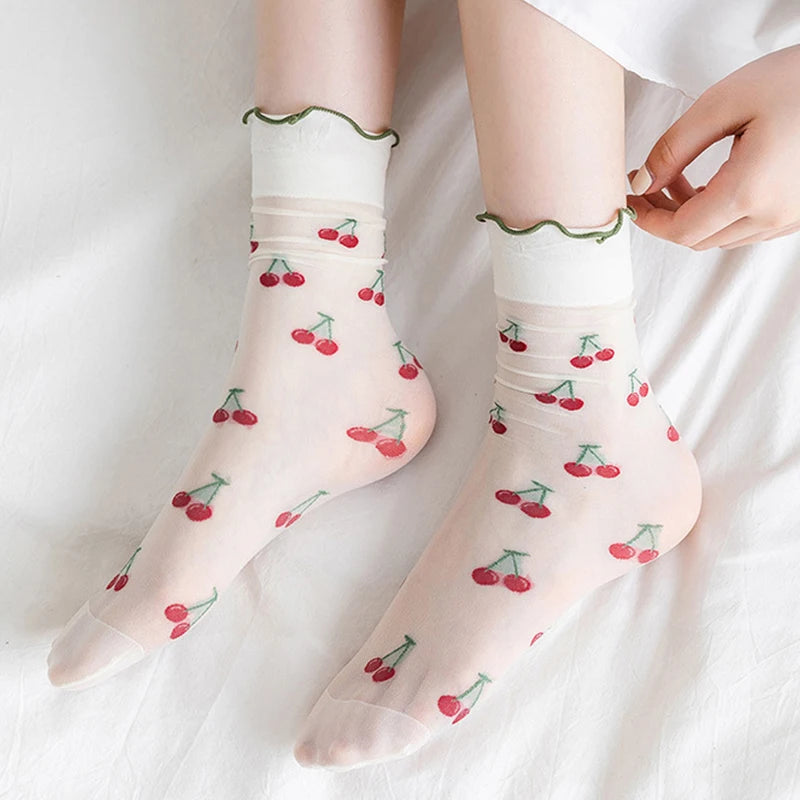 1 Pair Summer Breathable Ultra Thin Socks Women Transparent Lace Silk Crystal Rose Flower Girls Elastic Short Socks Female Sox