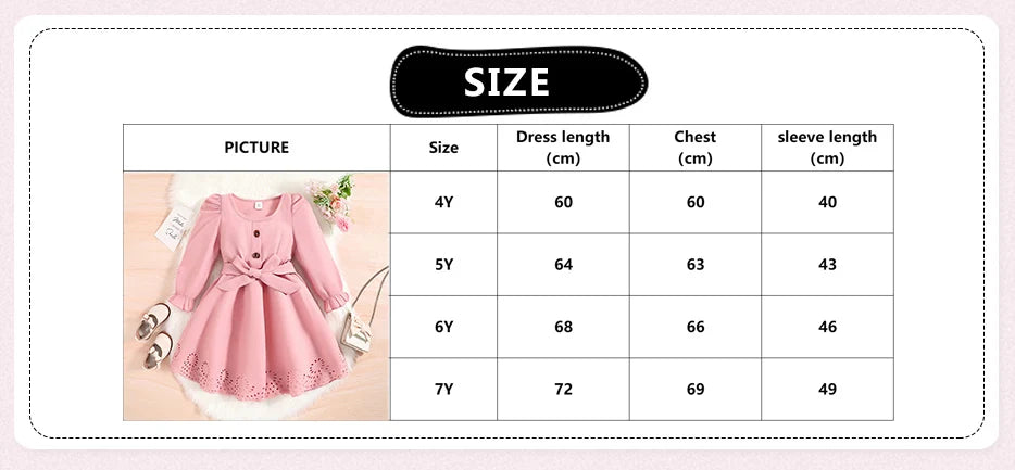 Autumn New Dress Kids Girls 4-7 Years Little Girl's Long-Sleeved Dress With Pink Hemline Burned Flower Elegant Princess Dress