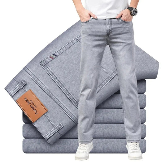 Summer Thin Men's Cotton Jeans New Fashion Gray Elastic Straight Business Casual Pants Comfortable Brand Trousers