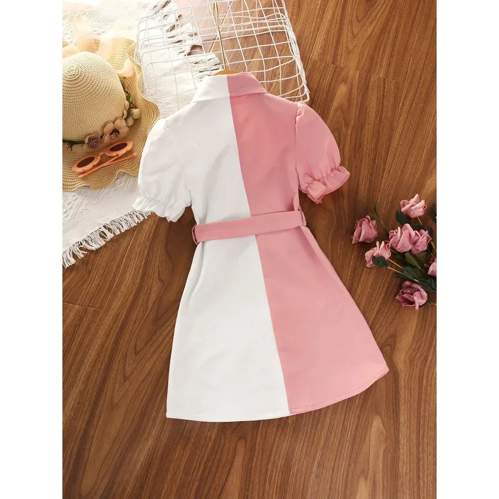 Dress For Kids 4-7 Years old Fashion Short Sleeve Princess Formal Button Stitching Dresses with Belt Ootd For Baby Girl