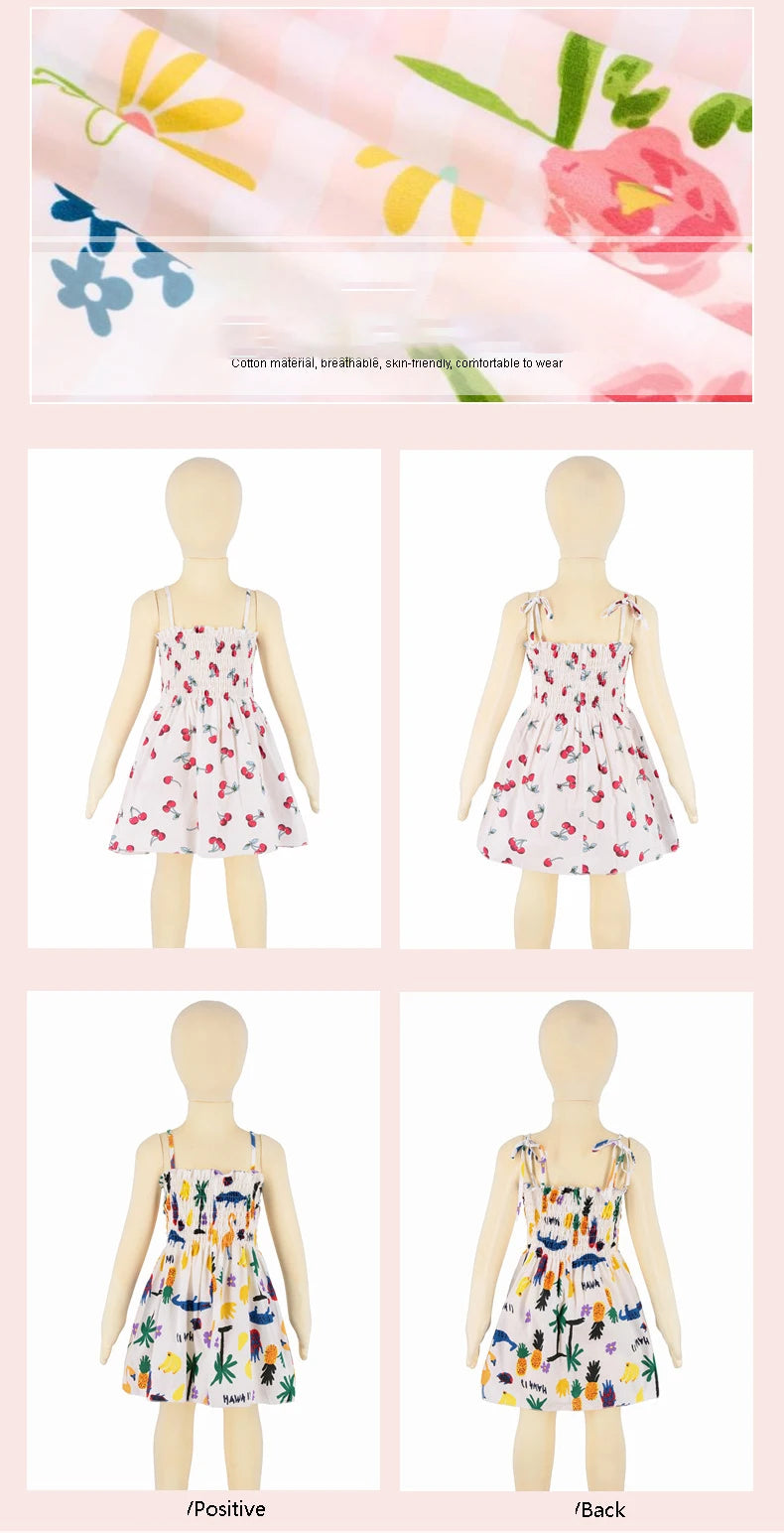 Children Girl Dress Summer Elegant Sling Princess Dresses Flower Print Kids Beach Sundress Casual Cotton Baby Girl Clothing