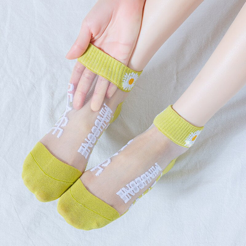 5 Pairs Summer Woman Silk Socks Ankle Lace Ultra-thin Girl’s Transparent Glass Fiber Fashion Daisy Flower Harajuku Cute Style