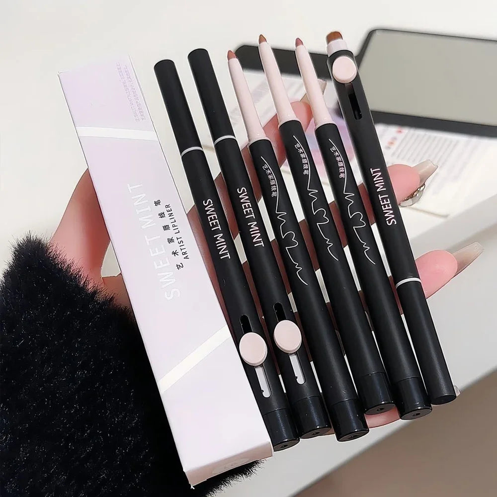 Waterproof Matte Lipliner Pencil with Brush Sexy Nude Brown Contour Tint Lipstick Lasting Non-stick Cup Lip Liner Lips Makeup