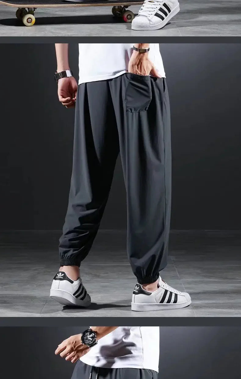 Summer Quick-drying Ice Silk Casual Pants Men's Ultra-thin Elastic Nine-point Pants Loose Drape Solid  Beam Feet Pants 7XL