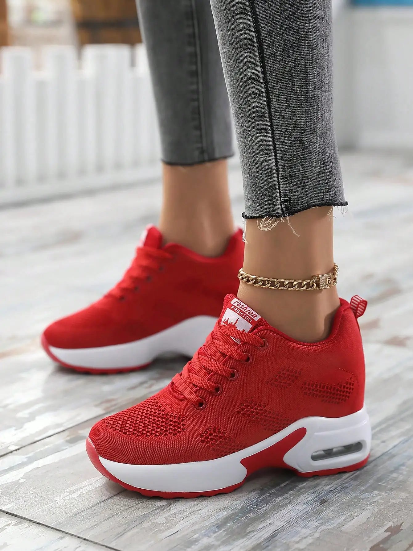 Women Knit Lace Up Platform Shoes Air Cushion Sneakers 8 cm Height Wedge Sneakers Red Casual Shoes Zapatillas Mujer 1912 v