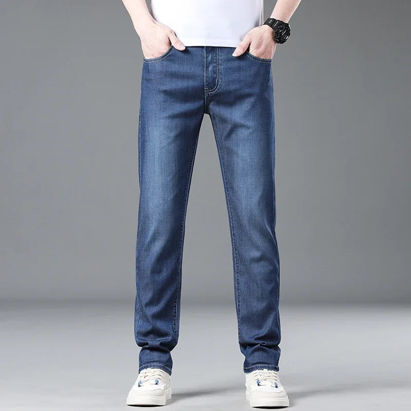 Summer Thin Lyocell Men's Slim Fit Casual Jeans Brand Clothing Stretch Straight Loose Fashionable Casual Denim Trousers Male