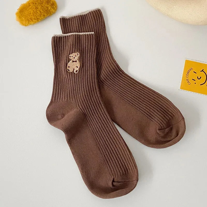 1/5pairs Cartoon Bear Socks Soft Cotton Socks Autumn Coffee Stockings Kawaii Women Socks Korean Casual Stockings Women Hosiery