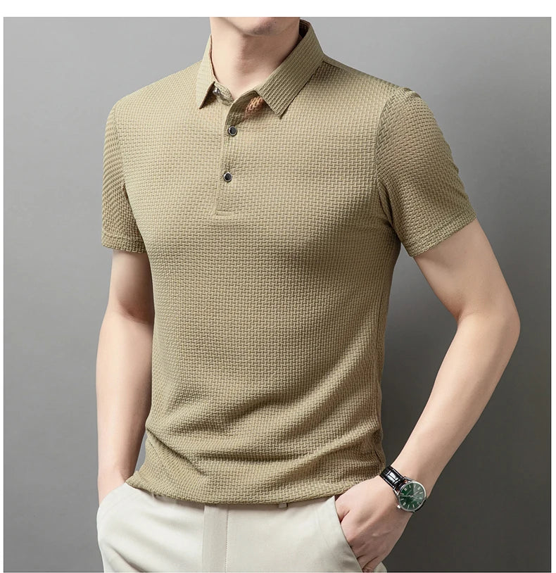 No Trace Of Ice Silk Polo Shirt Lapel Slim Business Casual Short-Sleeved T-Shirt Solid Color Buttons Summer Men's Clothing