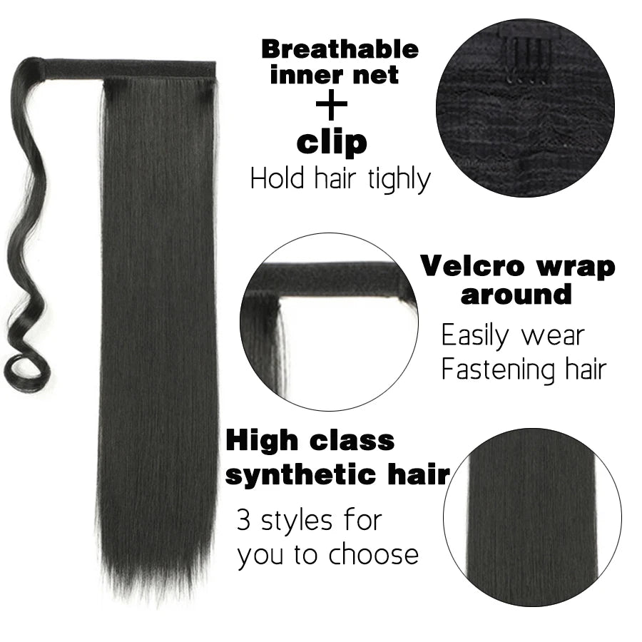 Synthetic Straight Black Wrap Around Ponytails Hair Extensions 22 Inch Fake Hair Piece Wig Heat Resistant Ponytail For Women