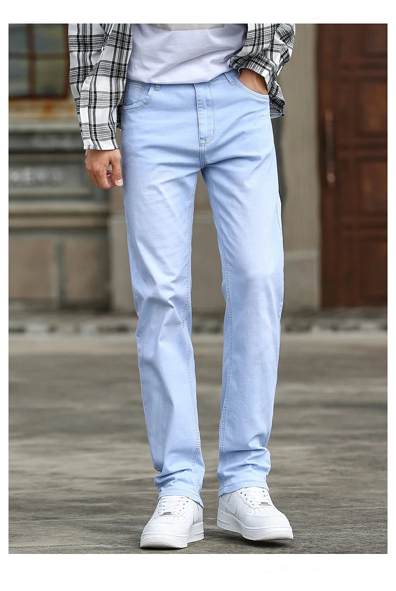 2023 Autumn New Men's Sky Blue Slim Stretch Jeans Classic Style Fashion Casual Denim Pants Male Brand Trousers