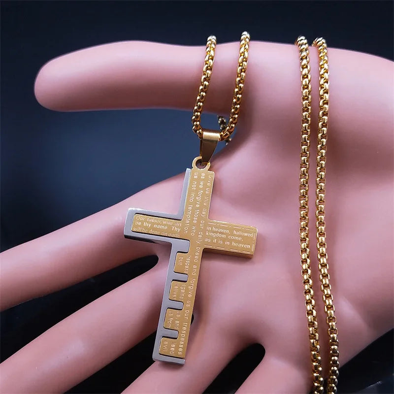 HNSP Stainless Steel Bible Cross Pendant Chain Necklace For Men Jewelry Catholic Crucifixes Rosaries Accessories Male