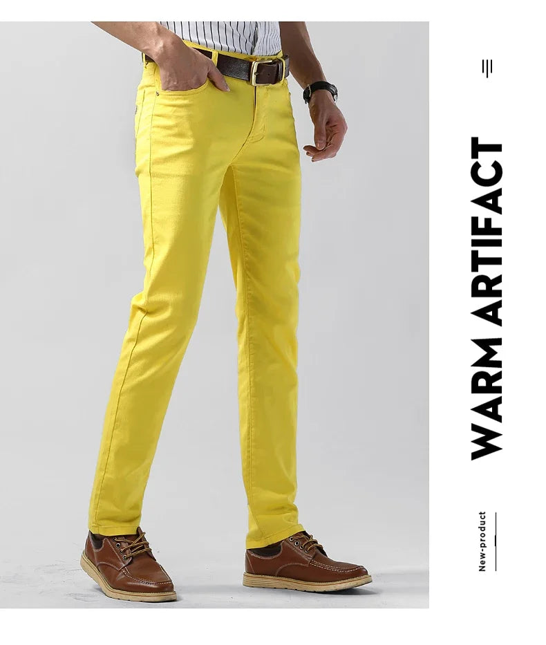 Men's Colorful Denim Stretch Stretch Jeans New Elastic Yellow Pink Red Slim Male Clothing Simple Business Denim Trousers