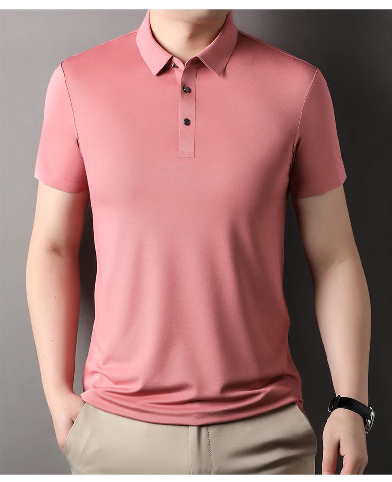 Summer Classic High Quality Solid Color Breathable Men's Short sleeved POLO Shirt Comfortable Ice Silk Casual Business T-shirt