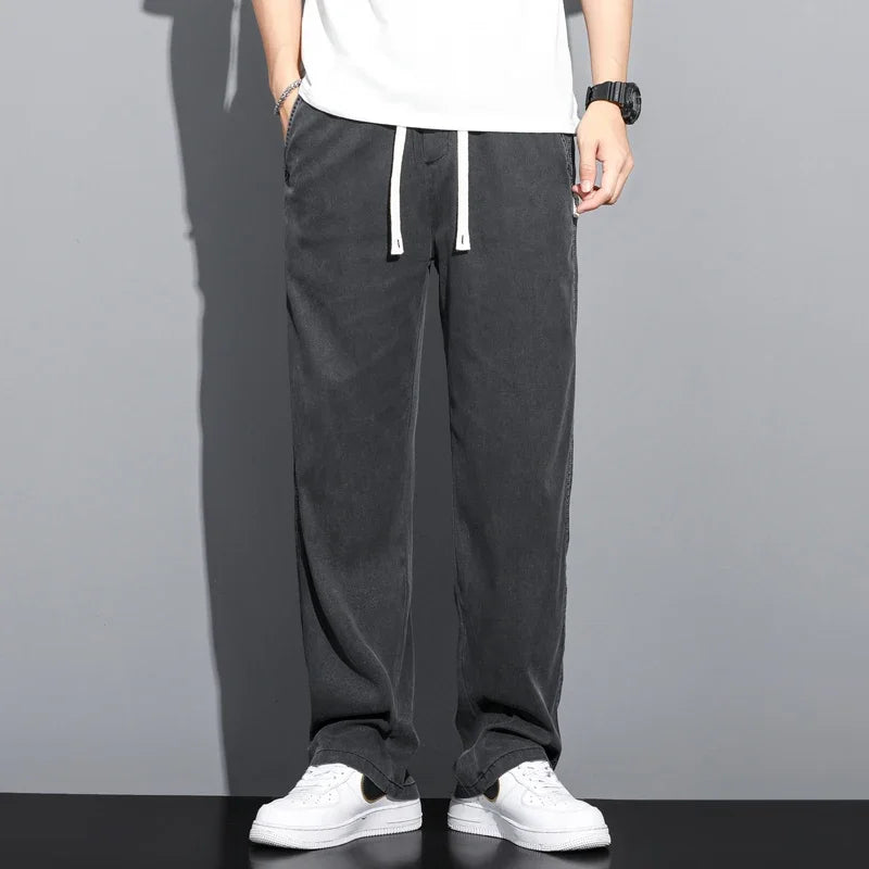 S-5XL 6Style,Men's Loose Jeans Summer Soft Lyocell Thin Fabric Straight Pants Drawstring Elastic Waist Korea Casual Trousers,Y2K