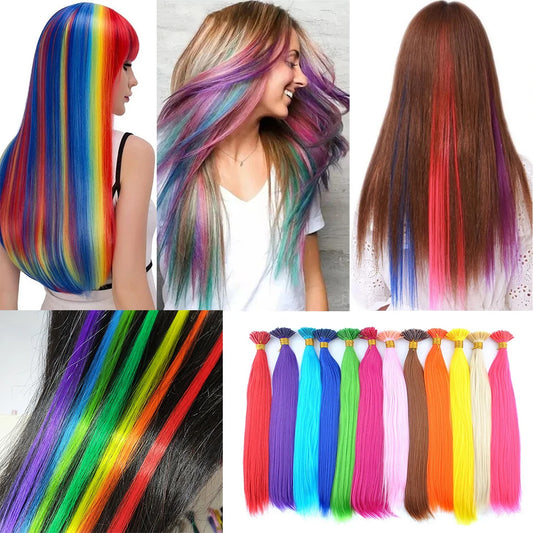 Synthetic Colored I-Tip Feather Hair Extensions10-50Strands/Pack Women's High Temperature Fiber Wig Accessories Solid Color Hair