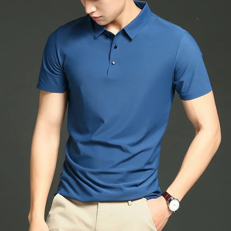 Summer T-shirt Short Sleeve Stretch Ice Silk Polo Shirt Men Business Casual Lapels Slim-Fitting Seamless Mercerized Thin Top Men