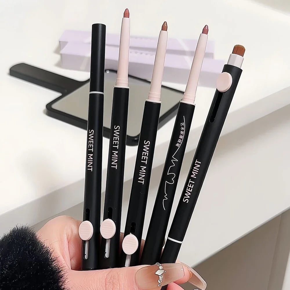 Waterproof Matte Lipliner Pencil with Brush Sexy Nude Brown Contour Tint Lipstick Lasting Non-stick Cup Lip Liner Lips Makeup