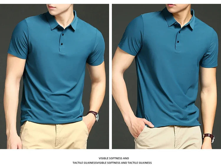 Summer T-shirt Short Sleeve Stretch Ice Silk Polo Shirt Men Business Casual Lapels Slim-Fitting Seamless Mercerized Thin Top Men