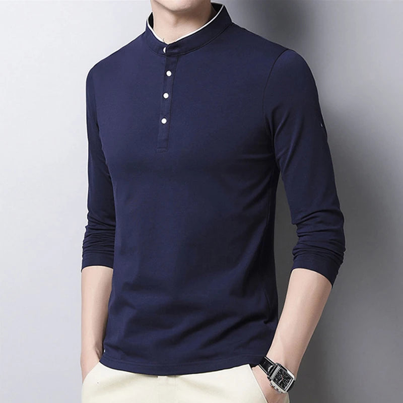 Men's Fashion Long sleeved POLO Shirt Casual Cotton Breathable Top Stand up Collar Korean Comfortable T-shirt Top