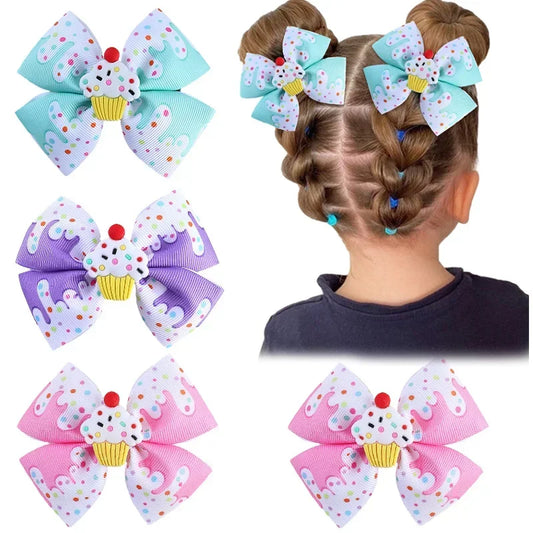 ncmama 2Pcs/set Grosgrain Ribbon Hair Bows Clips For Baby Girls Dessert Hairpin Barrettes Children Headdress Kids Headwear Gifts