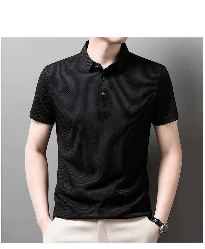 No Trace Of Ice Silk Polo Shirt Lapel Slim Business Casual Short-Sleeved T-Shirt Solid Color Buttons Summer Men's Clothing