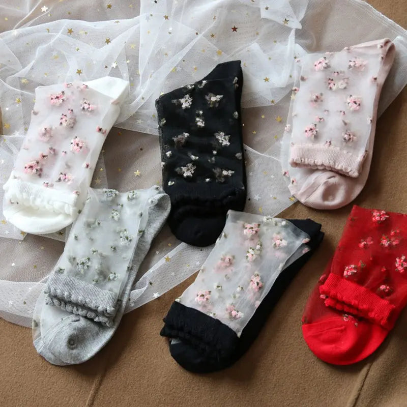 1 Pair Summer Breathable Ultra Thin Socks Women Transparent Lace Silk Crystal Rose Flower Girls Elastic Short Socks Female Sox