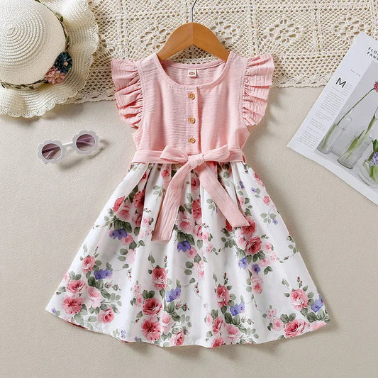 Girls Kids Dress Spring Summer New Girls Lace Sleeve Splicing Floral Dress Casual Fashion Clothes Vestidos 3 to 8 Years