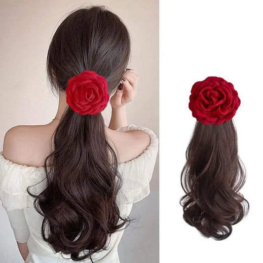 A Ponytail Wig For Women With Rose Hair Clips And High-temperature Silk Long Hair With Large Wave Ties And Ponytail Braids